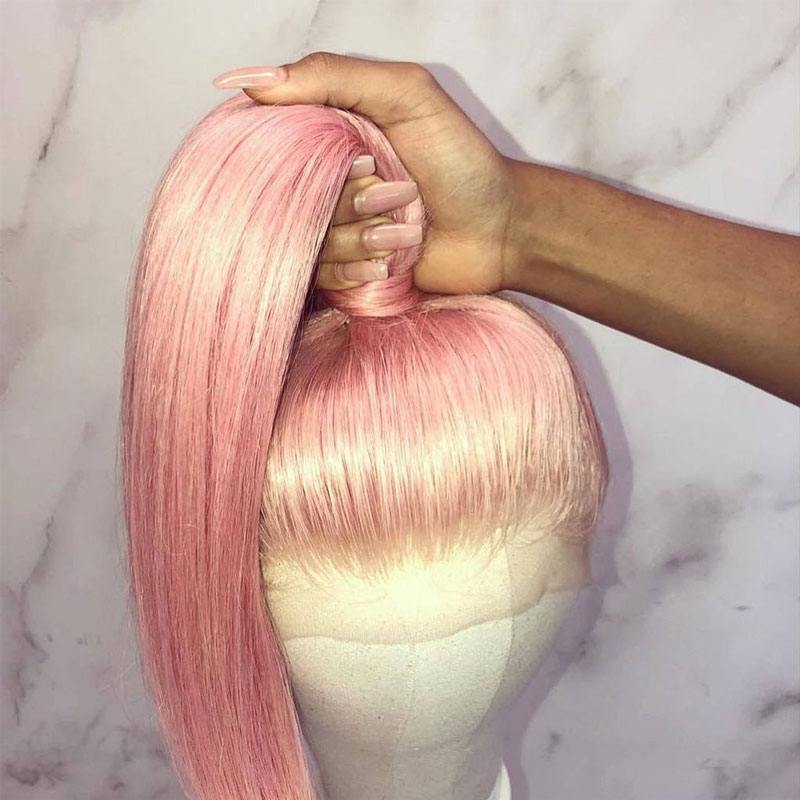 Pink Color Front Lace Wigs Remy Human Hair Pre-Plucked Hairline Silky Straight Hair with Baby Hair Ombre Pink Glueless Lace Front Wigs