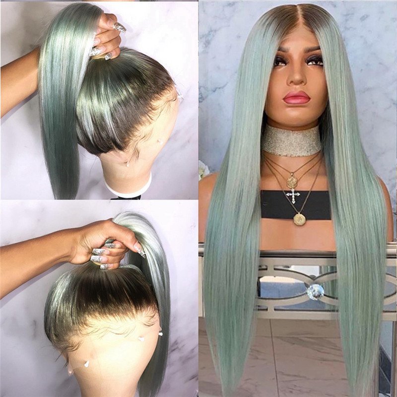 13x4 Lace Front Wig Human Hair Wigs For Black Women Brazilian Remy 150% Density Ombre Green Colored Two Tone Lace Front Wigs
