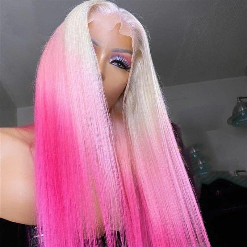 Ombre Pink Colored Human Hair Wigs For Women Straight Lace Front Wig Brazilian Remy Transparent Lace Wigs 4x4 Closure Wig