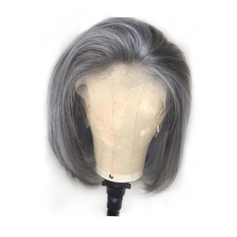 Transparent 13x4 Lace Front Wigs Gray Color Short Cut Side Part Bob Wig Brazilian Remy Human Hair Wig 150 Density