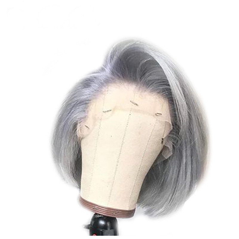 Transparent 13x4 Lace Front Wigs Gray Color Short Cut Side Part Bob Wig Brazilian Remy Human Hair Wig 150 Density