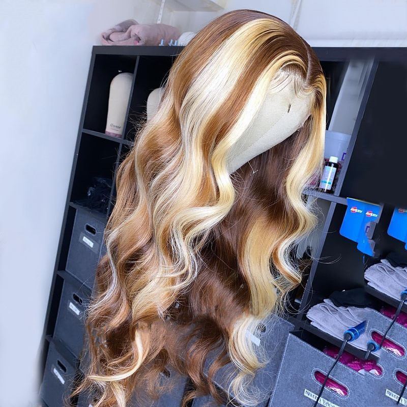 Honey Blonde Brown Highlight Wig Blue Colored Human Hair Wigs For Women Transparent Lace Wigs Brazilian Remy Hair Body Wave Wig