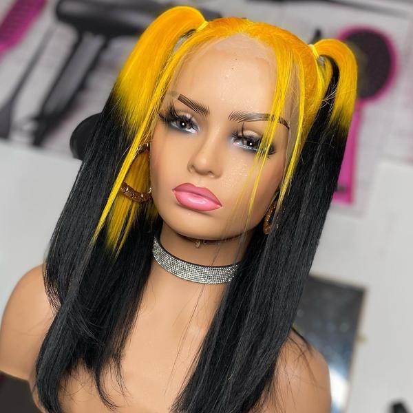 Human Hair Yellow And Black Ombre Color Lace Front Wig