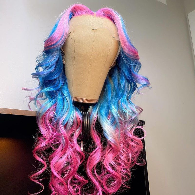 Ombre Pink Blue Colored Human Hair Wigs Brazilian Remy Transparent Lace Wigs For Women Pre Plucked Body Wave Wig 200 Density