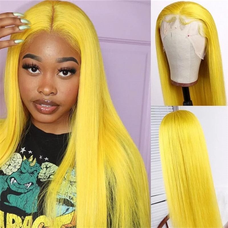 13x4 Pre Plucked Yellow Lace Human Hair Wigs With Baby Hair Pre plucked Yellow Ombre Lace Wig 150% Density