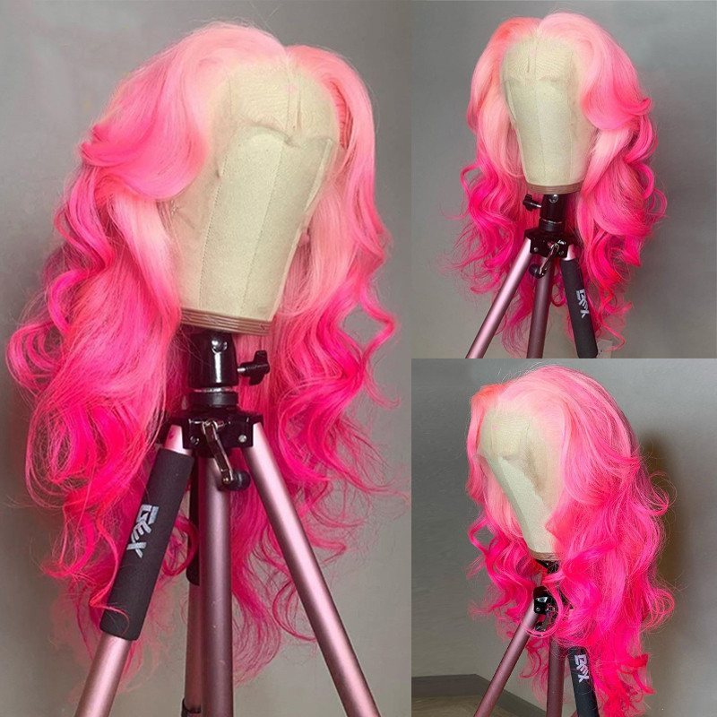 Ombre Pink Color Human Hair Wigs For Women 13x4 Lace Front Wig Brazilian Remy Body Wave Lace Front Wig Pre Plucked 150 Density Wig