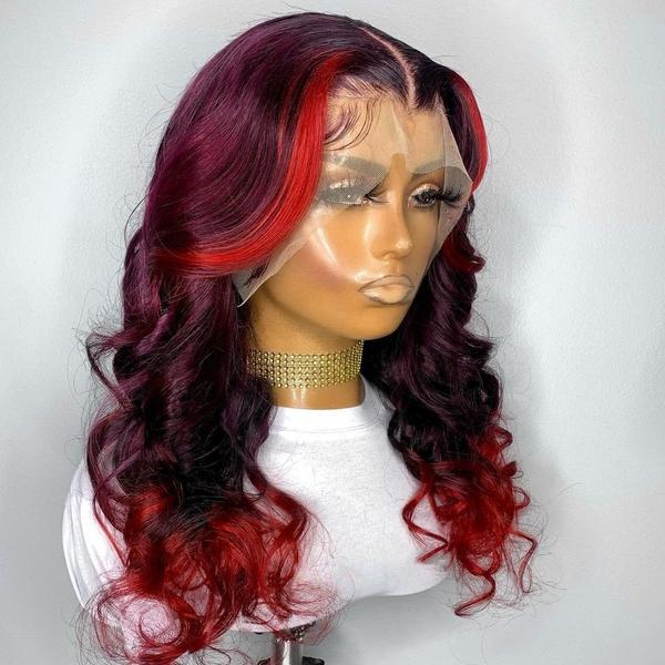 Peruvian Hair Red Ombre Color Highlight Style Lace Front Wig