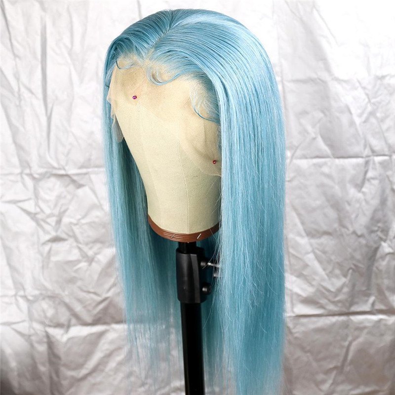 Light Water Blue Lace Front Brazilian Remy Human Hair Wig Straight Wigs with Baby Hair Wigs for Women