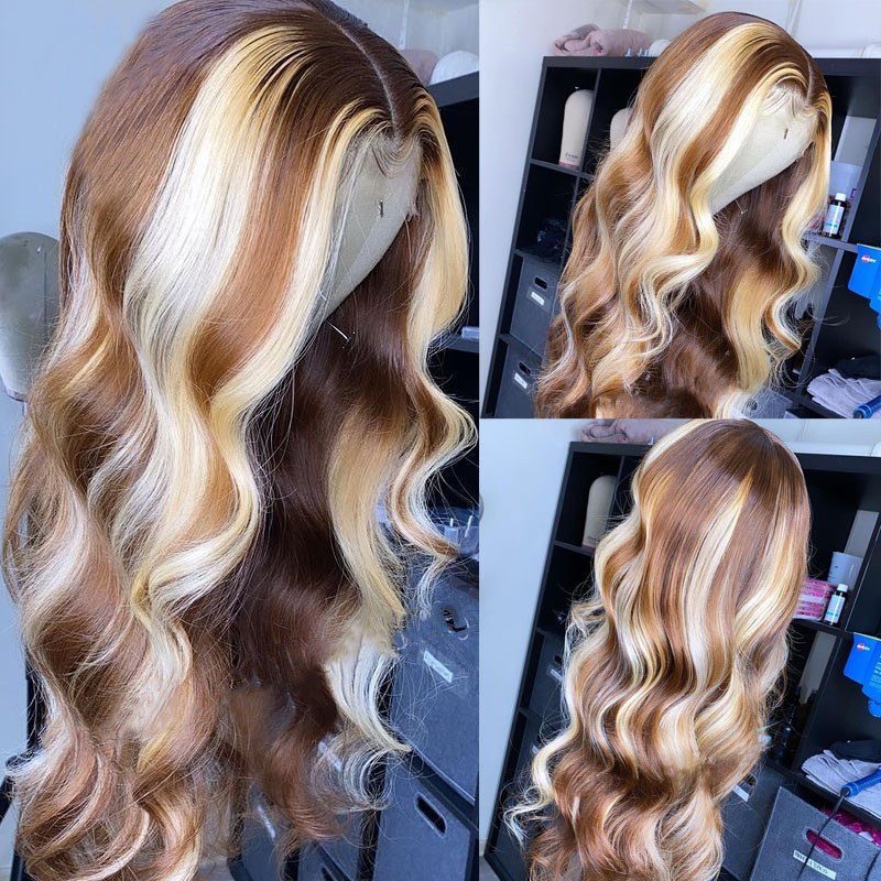 Honey Blonde Brown Highlight Wig Blue Colored Human Hair Wigs For Women Transparent Lace Wigs Brazilian Remy Hair Body Wave Wig