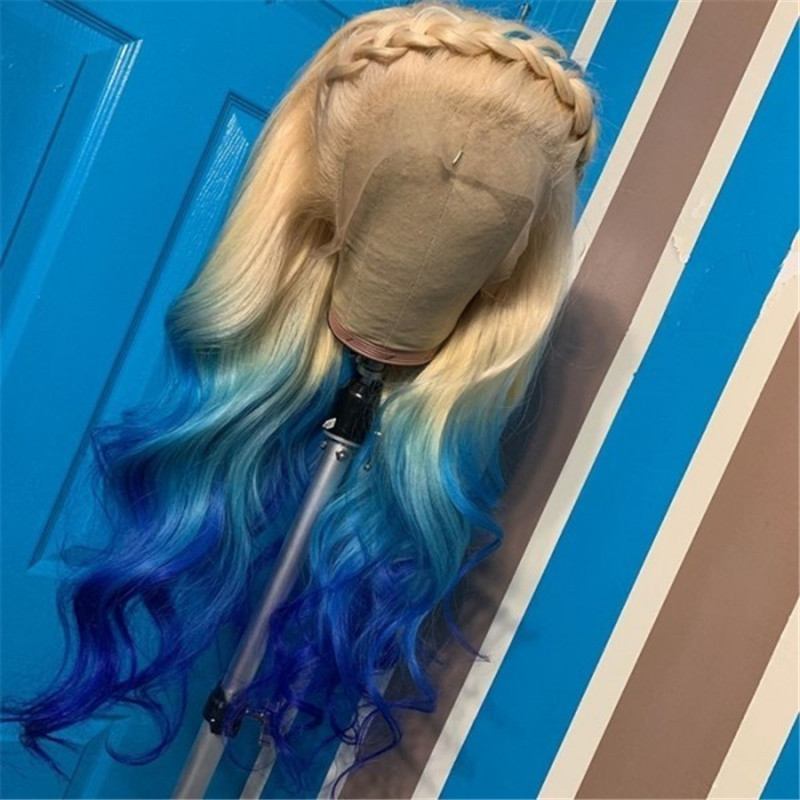 Unique Ombre Blonde Blue Body Wave Lace Front Wig Pre-Pluck Hairline Virgin Human Hair