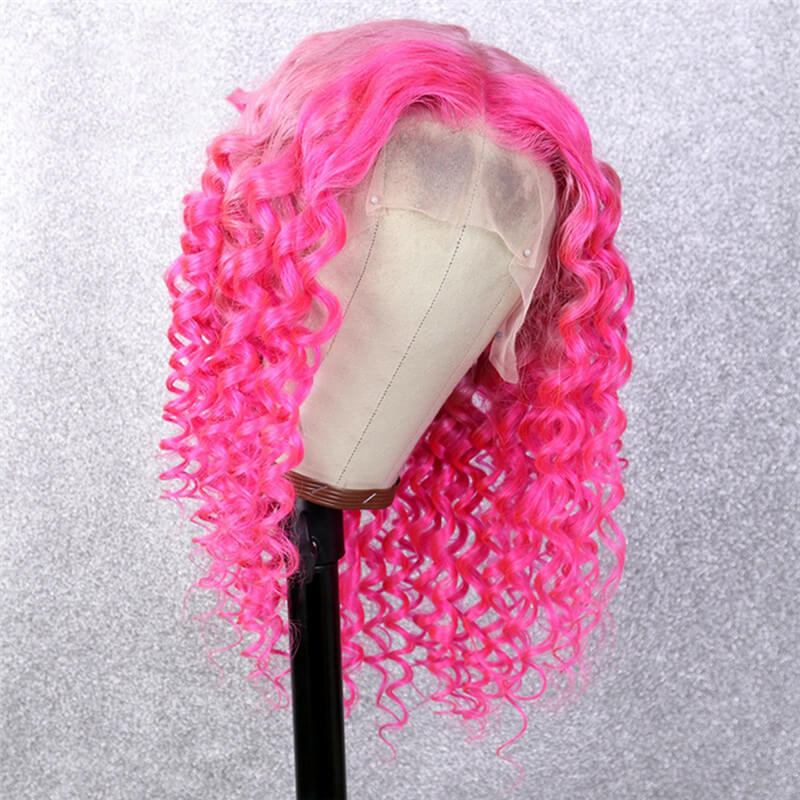 13x4 Brazilian Curly Human Hair Wigs 150% Pink Colored Hotpink Remy Lace Front Human Wig Pre Plucked Transparent Lace