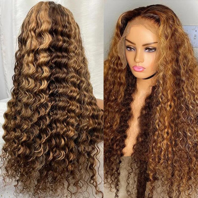 P4/27 Ombre Honey Blonde Human Hair Wigs For Women  Deep Wave Long Wig 12A Brazilian Remy Hair Ombre Colored Lace Frontal Wigs with Baby Hair