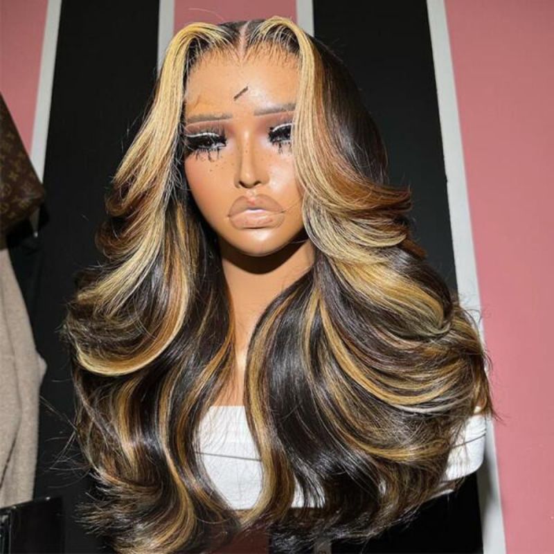 Highlight Human Hair Wigs For Women Straight Lace Front Wig Brown Honey Blonde Highlight Wig Cambodian Remy Lace Part Wig