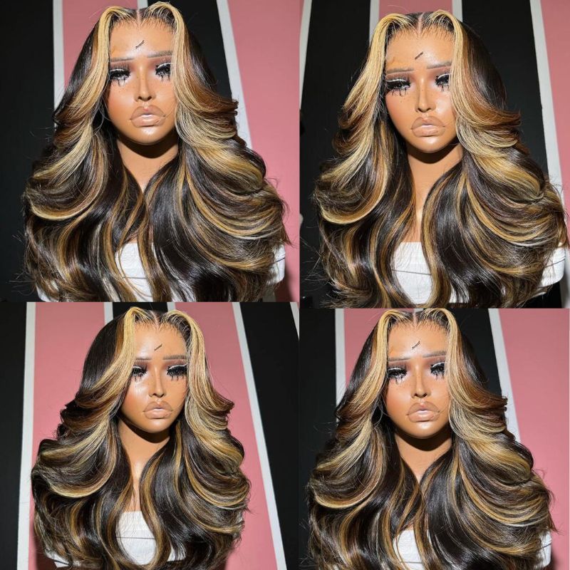 Highlight  Ombre Honey Blonde Human Hair Wigs For Women 12A Cambodian Hair Lace Frontal Wigs with Baby Hair Body Wave