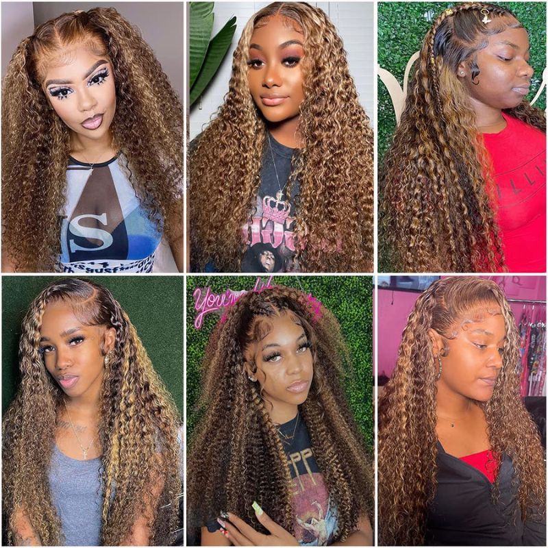 Ombre  Brown Highlight 13x4 Lace Frontal Wigs 180 Density Brazilian Human Hair Wigs Kinky Curly Colored Lace Front Human Hair Wigs