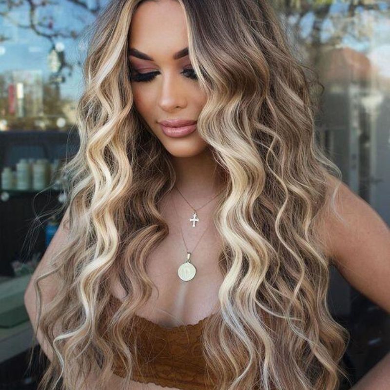 Blonde Ombre with Natural Black Roots High-quallity 12A Human Virgin Hair Wavy Ombre Brown Highlight Light Blonde Wigs Pre Plucked Lace Front Wig