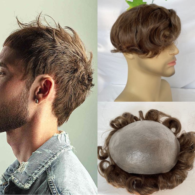 Full PU Man Hair  0.02-0.03mm Ultra Thin Skin PU Base Men Toupee Remy 100% Human Hair System Brown 7 Color