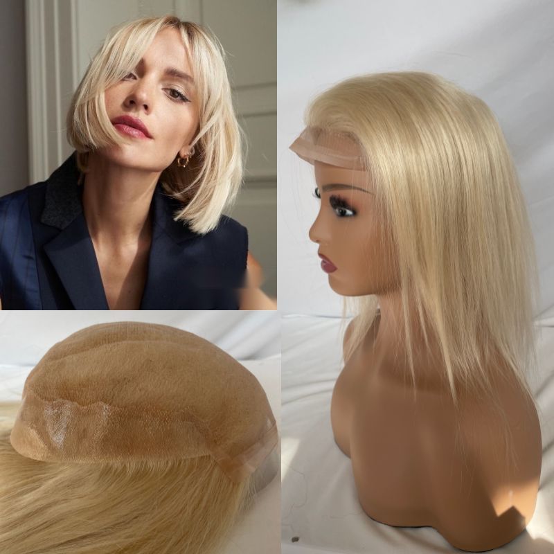 12 Inch Long Q6 Toupee for Men and Women European  613# Blonde Virgin Human Hair V-loop Hair System Hair Prothesis Men and Women Wig