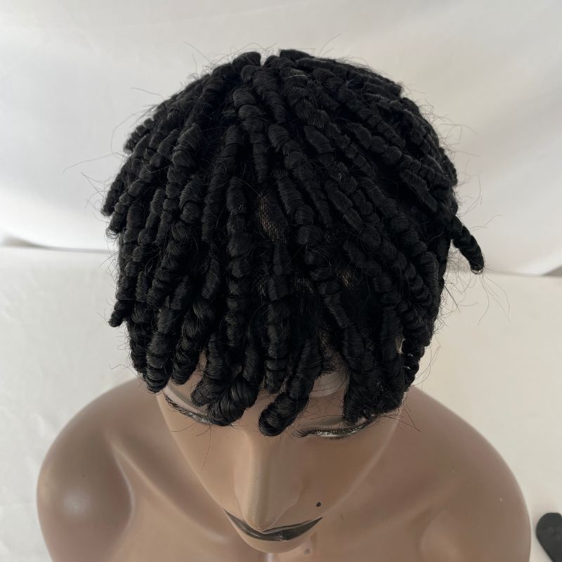 Eseewigs Mens Toupee 10x8 Inch Replacement Afro Kinky Twist Crochet Braids Human Hair for Black Men Mens Wig Full PU Base Hairpiece For Men 1B