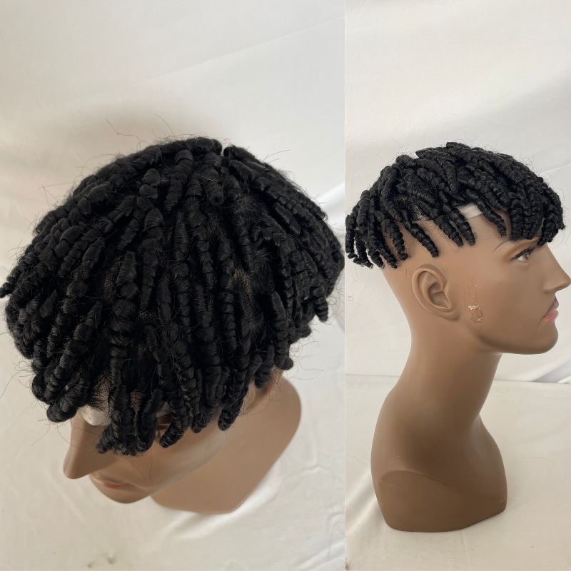 Eseewigs Mens Toupee 10x8 Inch Replacement Afro Kinky Twist Crochet Braids Human Hair for Black Men Mens Wig Full PU Base Hairpiece For Men 1B