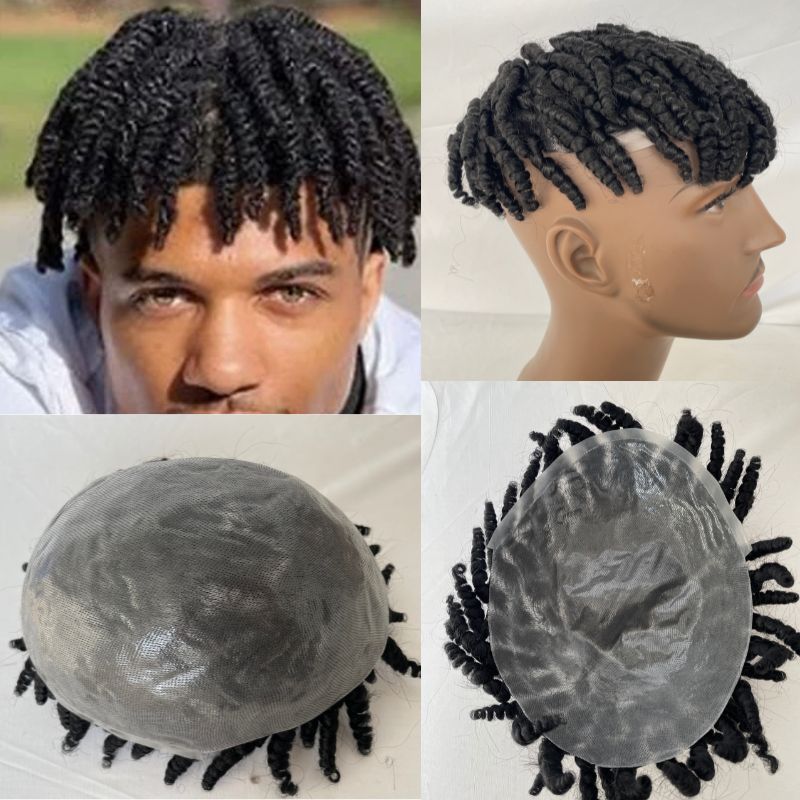 Eseewigs Mens Toupee 10x8 Inch Replacement Afro Kinky Twist Crochet Braids Human Hair for Black Men Mens Wig Full PU Base Hairpiece For Men 1B
