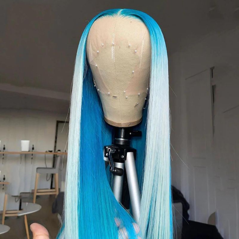 Blue Ombre Wig 100% Real Human Hair White Hair With Blue Highlights Wigs 100% Human Hair Ombre Colored Lace Front Wig