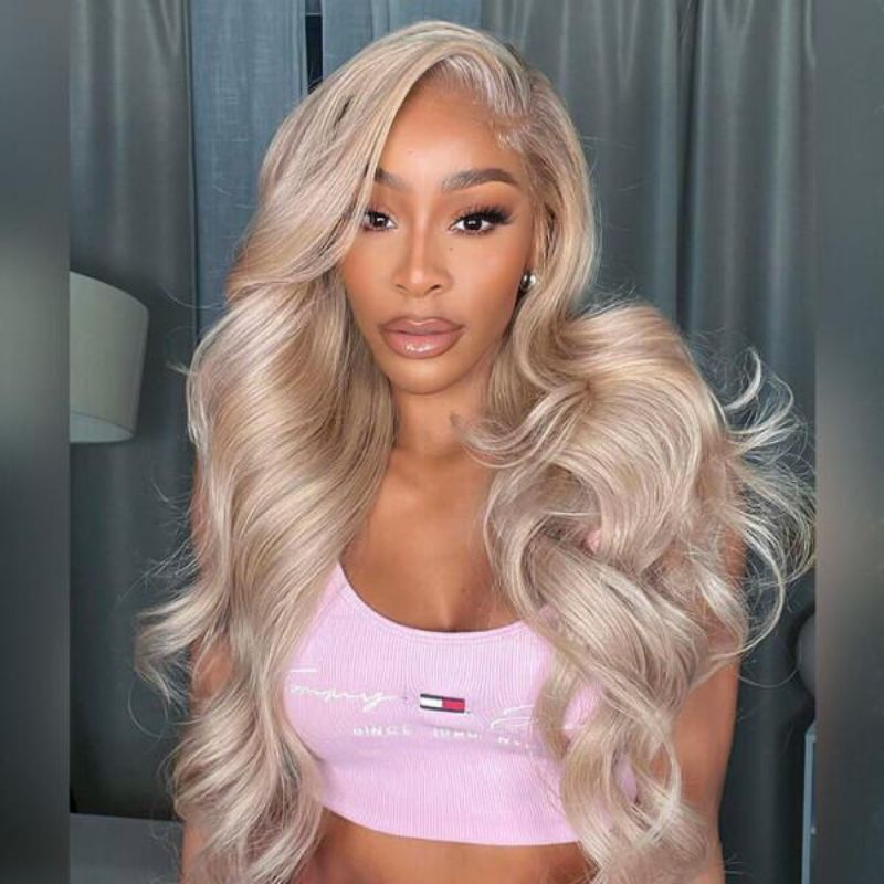 100%  Human Hair Wigs European Hair White Gold Body Wave Grey Color  Lace Front Wigs Pre Plucked with Baby Hair  For Black Woman