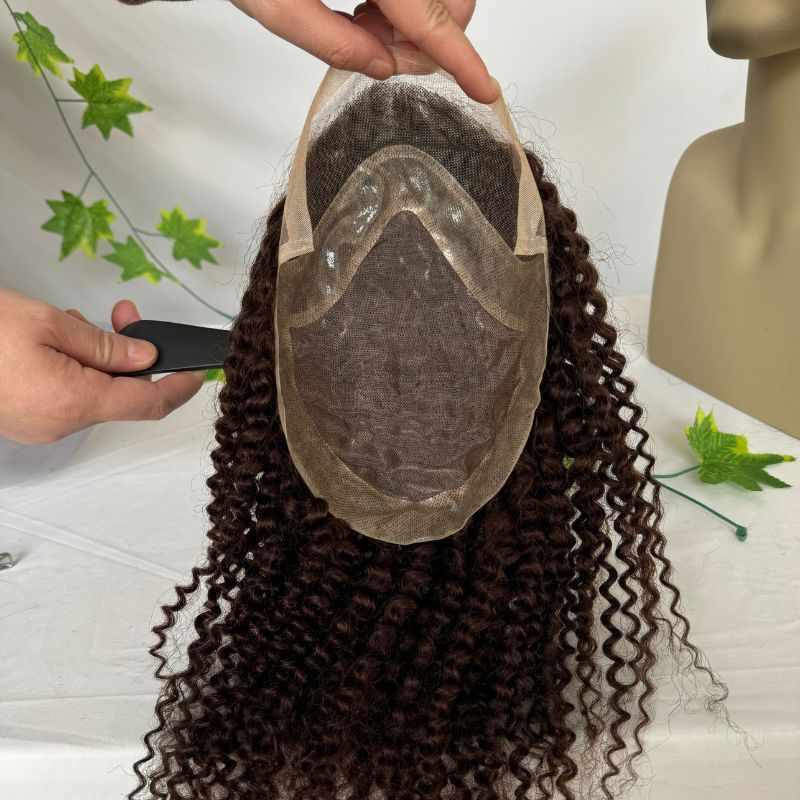 12" Long Kinky Curly Men's Human Hair Replacement for Men Stock Toupee Mono Lace and PU Around with Lace Front 10"x8" Base Size 3# Brown Color