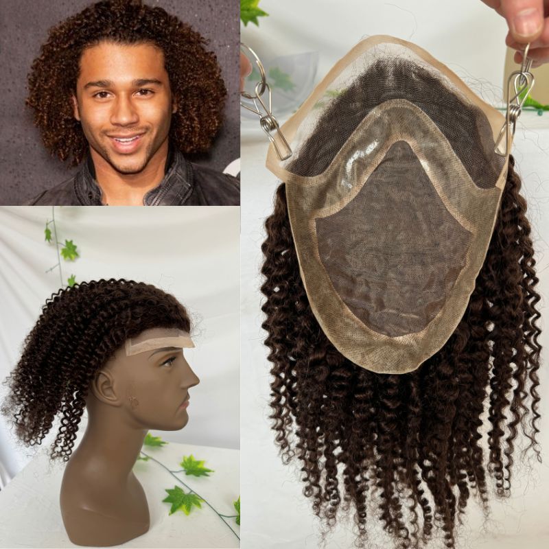 12" Long Kinky Curly Men's Human Hair Replacement for Men Stock Toupee Mono Lace and PU Around with Lace Front 10"x8" Base Size 3# Brown Color