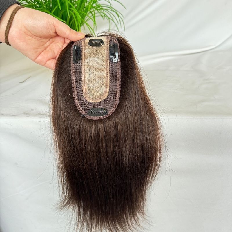 7 x13CM Silk Base Closure Brown Women Toupee Hair Toppers 100% Human Thinning Hairpieces Clip in Remy Hair System 12 Inch