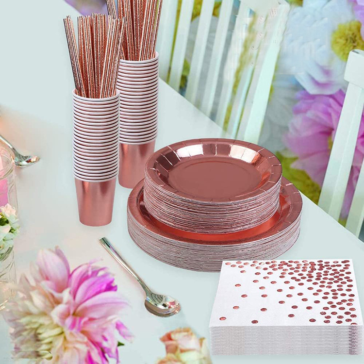 Hot Selling Paper Plates Napkins Cups Straws dispoplate Rose Gold Party Supplies Party Disposable Wedding Tableware