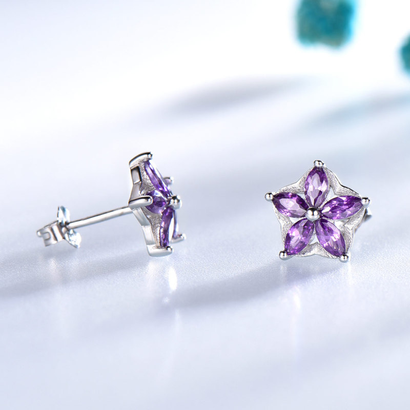Solid 925 Sterling Silver Flower Stud Earrings For Women Created Amethyst Gemstone Jewelry Silver Earrings Christmas Gift