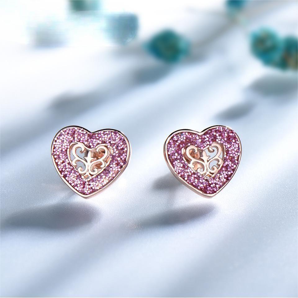Solid 925 Sterling Silver Stud Earrings Glitter Heart Rose Gold Color Earrings For Women Romantic Gift Jewelry