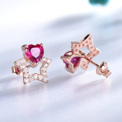 Solid 925 Sterling Silver Stud Earrings For Women Created Ruby Gemstone Cute Korean Earrings Girl Christmas Party Jewelry