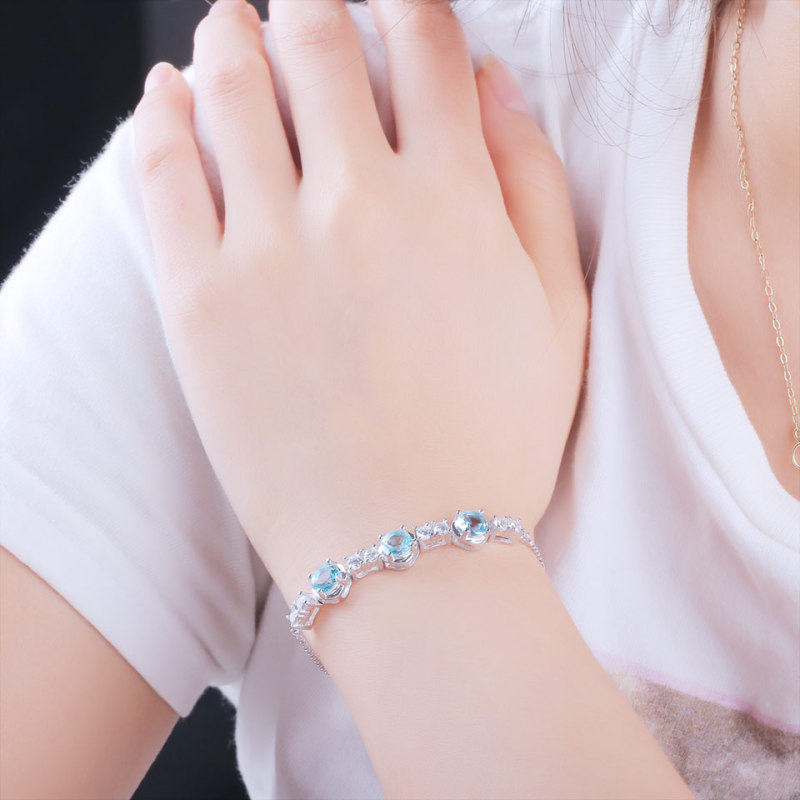 Natural Sky Blue Topaz Gemstone Bracelets & Bangles Luxury 925 Sterling Silver Bracelet For Women Gifts Free Expansion