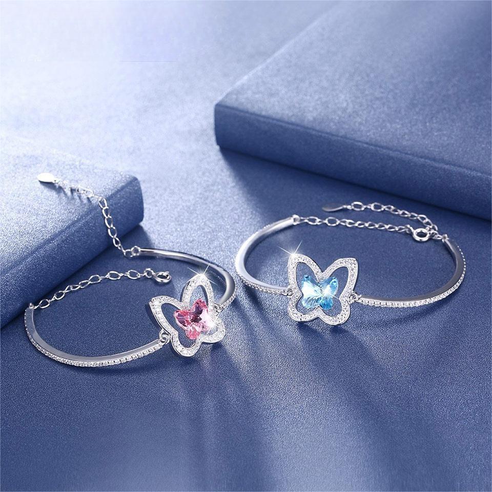 Crystal Real 925 Silver Bracelet Butterfly Pink Blue Bracelets Romantic Jewelry For Women Girls Festival Anniversary Gift