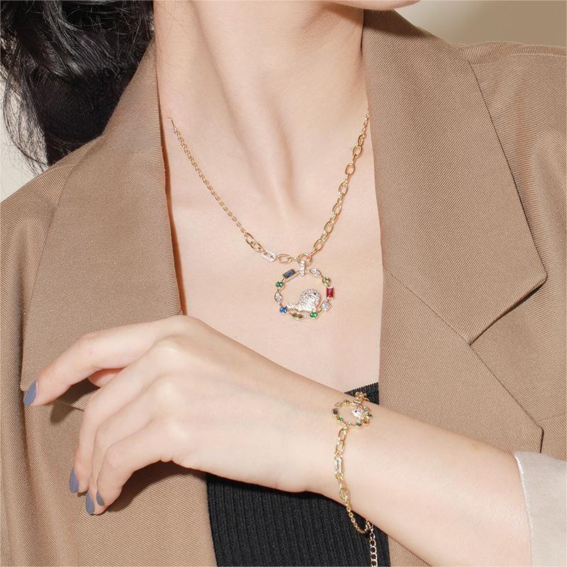 18K Gold Plated Colorful CZ Stone Setting Exquisite Bird Necklace Earrings Bracelet Jewelry Set Charm Ladies Girls Jewelry Fashion Accessory Set Cute Gifts