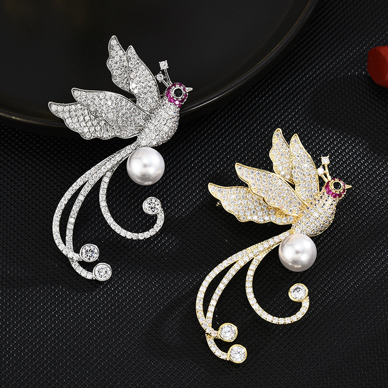 Luxury Rhinestone Phoenix Natural Pearl Cubic Zircon Stone Pave Setting Elegant Brooch Collar Pins For Suit Shining Women Party Brooches Jewelry