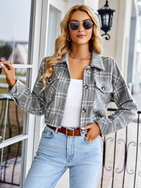 GAOVOT Temperament Plaid Short Jacket For Women 2022 New Autumn Winter Lapel Collar Long Sleeve Single Breasted Fashion Tops