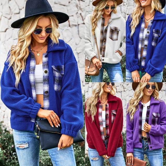 GAOVOT Womens Autumn Winter Spliced Plaid Loose Jacket 2022 Casual Single Breasted Turn Down Collar Fleece Outerwear For Female
