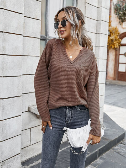 Solid V-Neck Waffle Knit Top