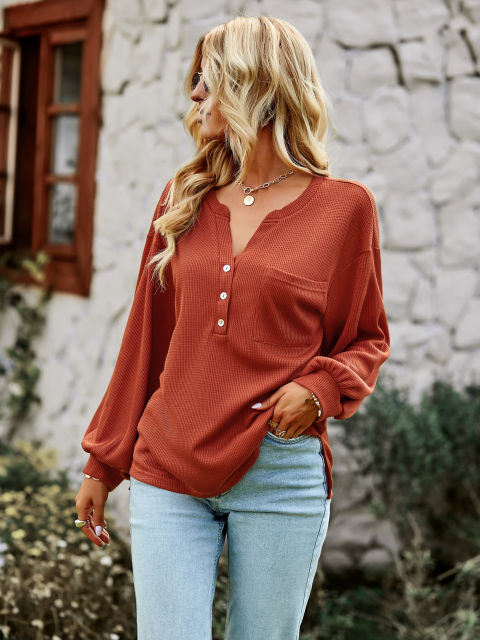 V Neck Single Breasted Knit Loose Top