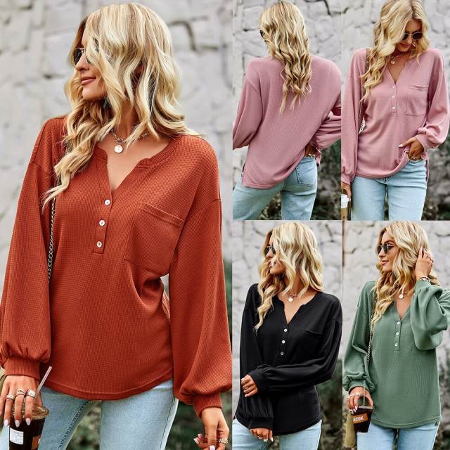 GAOVOT Knit Loose Top For Women 2022 Ladies Autumn Winter V Neck Long Sleeve Solid Color Single Breasted Casual T-Shirt