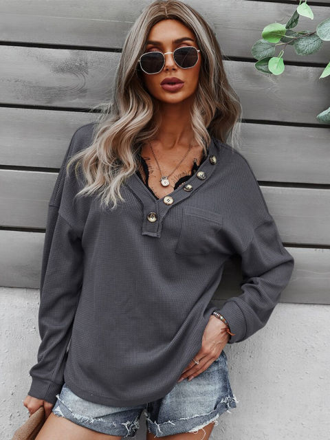 GAOVOT Autumn Button Decoration V-Neck Solid Color Fashion Top For Women 2022 Ladies Long Sleeve Casual Knit Tops
