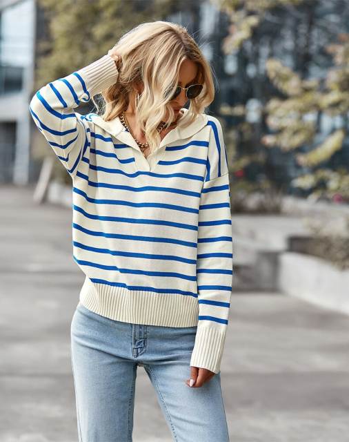 GAOVOT V Neck Long Sleeve Striped Casual Loose Sweater For Women Soft Comfortable Thermal Knitted Top Fall Winter 2022 New