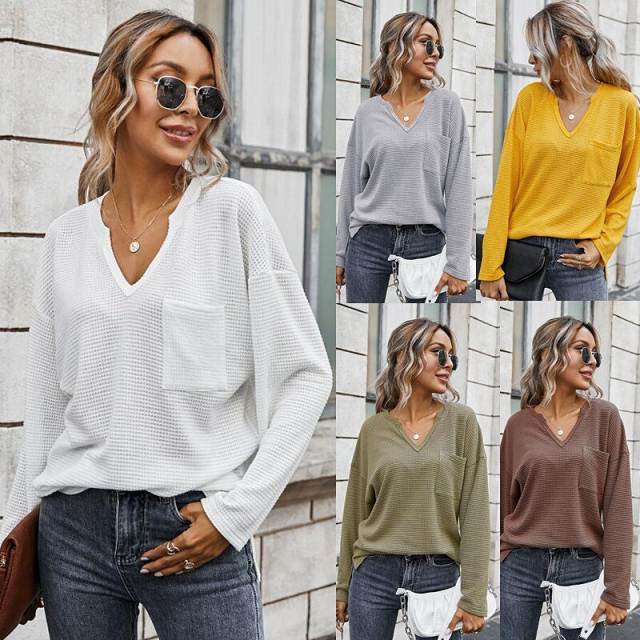 Solid V-Neck Waffle Knit Top