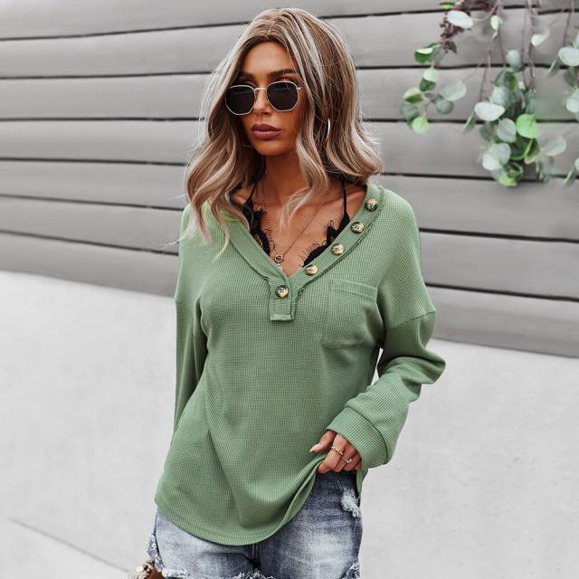 GAOVOT Autumn Button Decoration V-Neck Solid Color Fashion Top For Women 2022 Ladies Long Sleeve Casual Knit Tops