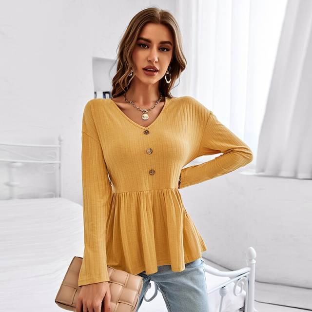 GAOVOT Ruffles T-Shirts V-Neck Long Sleeve Spring Autumn Button Tops for Women New Casual Tees Loose Blouses Fashion Shirts