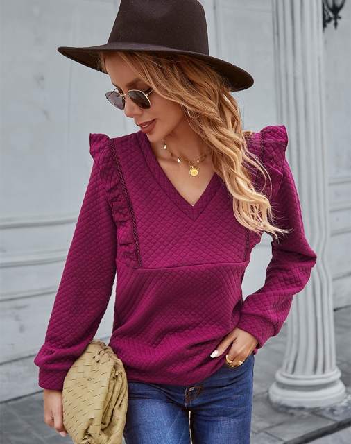 GAOVOT Autumn V-Neck Ruffle Trim Long Sleeve Elegant Top For Women 2022 New Ladies Solid Color Casual Loose Warm Blouse Tops