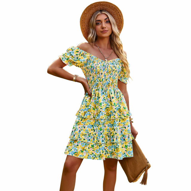 Floral print elastic U-neck tiered hem dress